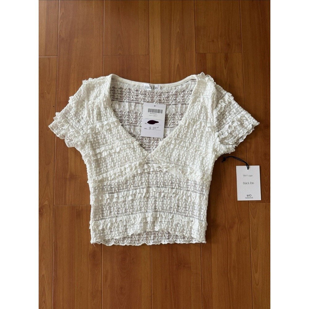 Black Ibis lace crop top for women size small, white see through vneck ruf NWT
